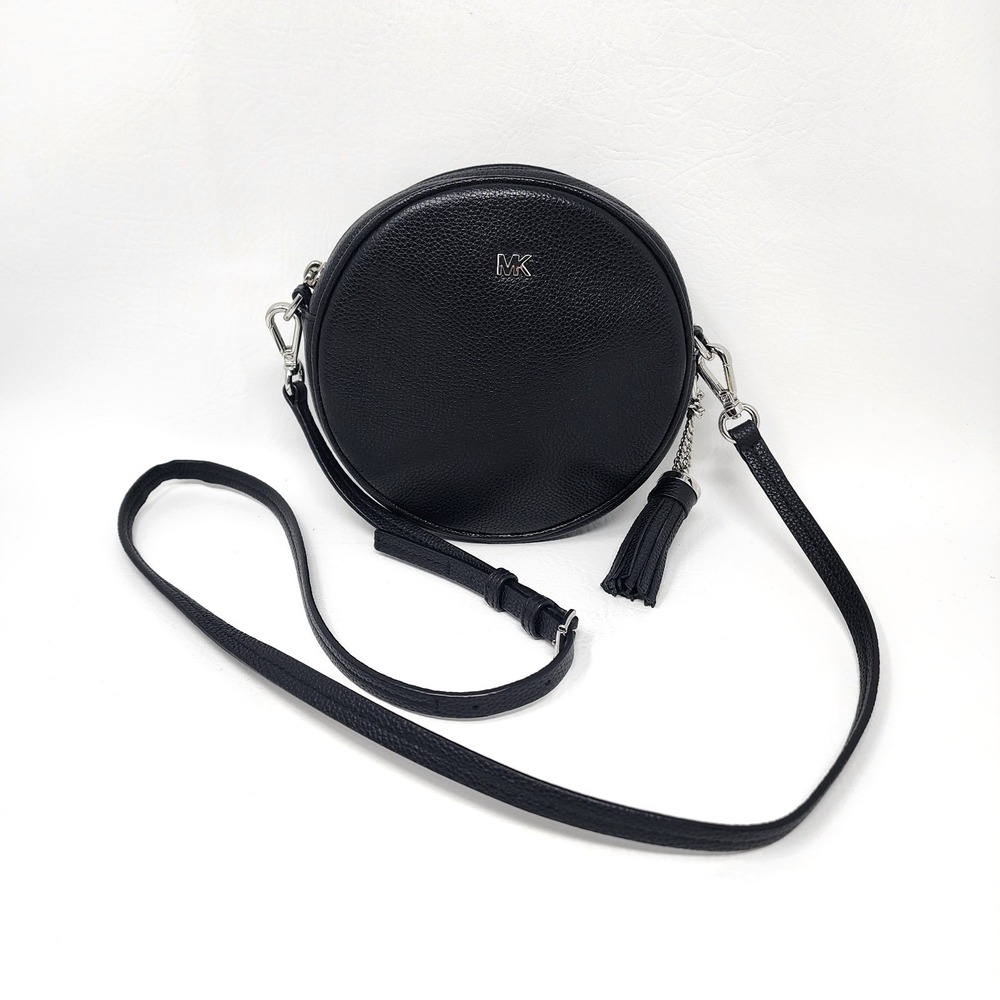 Michael Kors Mercer Medium Pebbled Leather Canteen Crossbody Purse Black/Silver